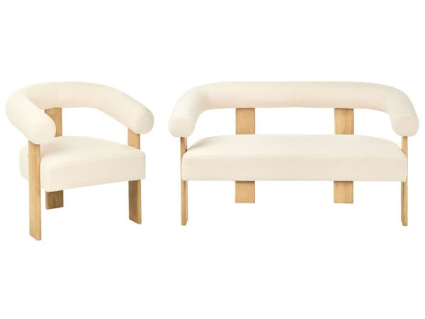 Sofasett Off-White og Lysebrun 2 seters Lenestol Boucle Polstring Retro Design Treben Stue