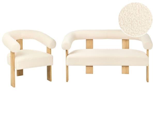 Sofasett Off-White og Lysebrun 2 seters Lenestol Boucle Polstring Retro Design Treben Stue
