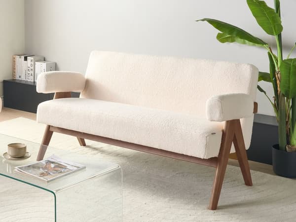 2-seters Sofa Off-White og Mørkebrun Boucle Polstring Retro Design Treben Stue