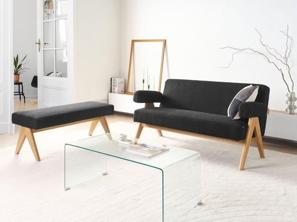 2-seters Sofa Svart og Lysebrun Boucle Polstring Retro Design Treben Stue