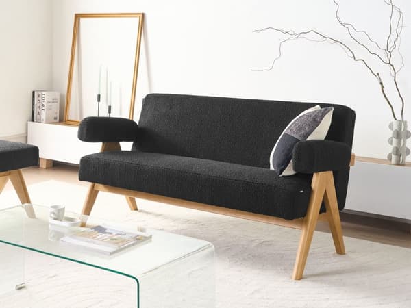 2-seters Sofa Svart og Lysebrun Boucle Polstring Retro Design Treben Stue