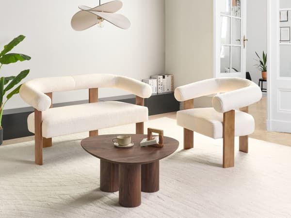 Sofa Off-white Mørkebrun Boucléstoff Ben i tre 2-seter Retro design Stue