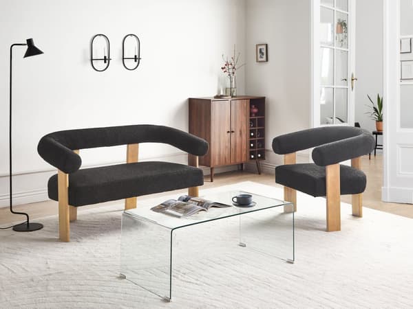 Sofa Svart Lysebrun Boucléstoff Ben i tre 2-seter Retro design Stue