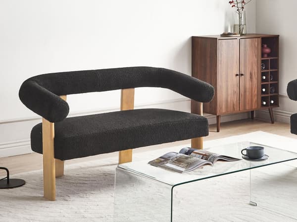 Sofa Svart Lysebrun Boucléstoff Ben i tre 2-seter Retro design Stue