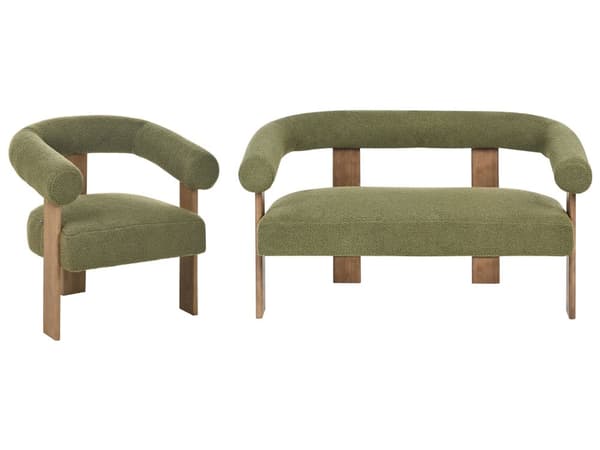 Sofasett Grønn og Mørkebrun 2 seters Lenestol Boucle Polstring Retro Design Treben Stue