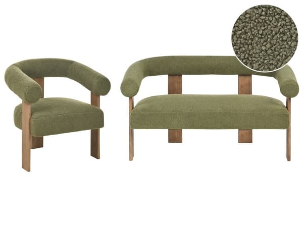 Sofasett Grønn og Mørkebrun 2 seters Lenestol Boucle Polstring Retro Design Treben Stue