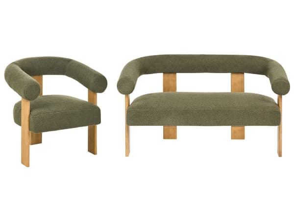 Sofasett Grønn og Lysebrun 2 seters Lenestol Boucle Polstring Retro Design Treben Stue