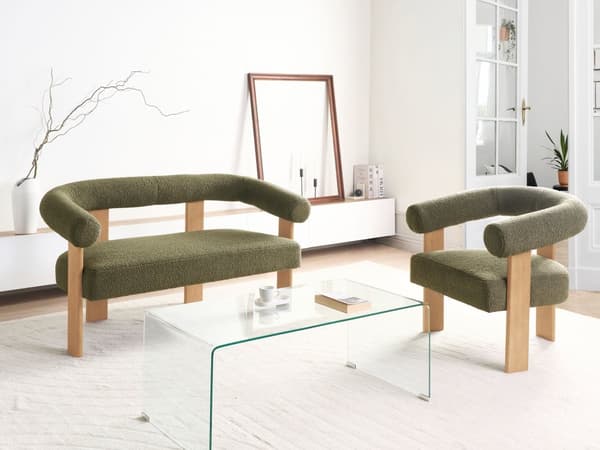 Sofasett Grønn og Lysebrun 2 seters Lenestol Boucle Polstring Retro Design Treben Stue
