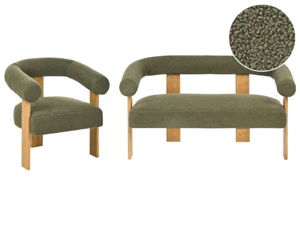 Sofasett Grønn og Lysebrun 2 seters Lenestol Boucle Polstring Retro Design Treben Stue