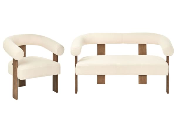Sofasett Off-White og Mørkebrun 2 seters Lenestol Boucle Polstring Retro Design Treben Stue