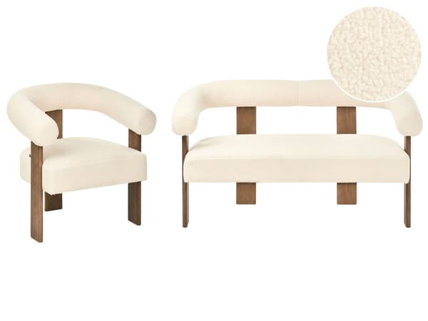Sofasett Off-White og Mørkebrun 2 seters Lenestol Boucle Polstring Retro Design Treben Stue