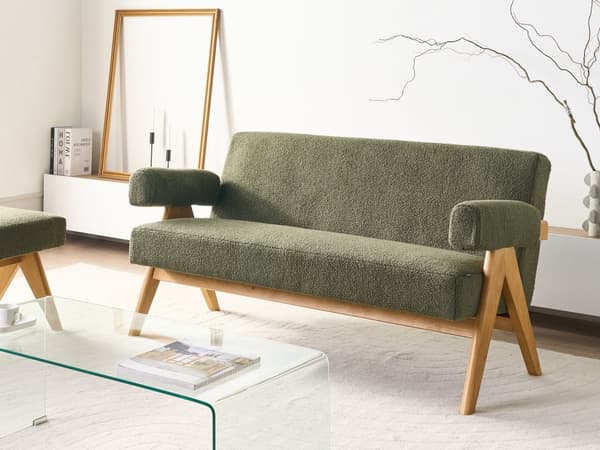 2 seters Sofa Grønn og Lysebrun Boucle Polstring Retro Design Treben Stue