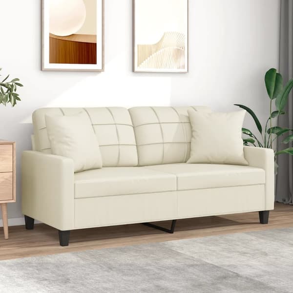 2-sits soffa med prydnadskuddar gräddvit 140 cm konstläder