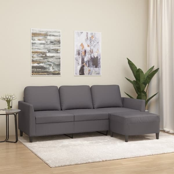 3-sitssoffa med fotpall grå 180 cm konstläder