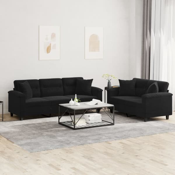 Soffgrupp med kuddar 2 delar svart mikrofibertyg