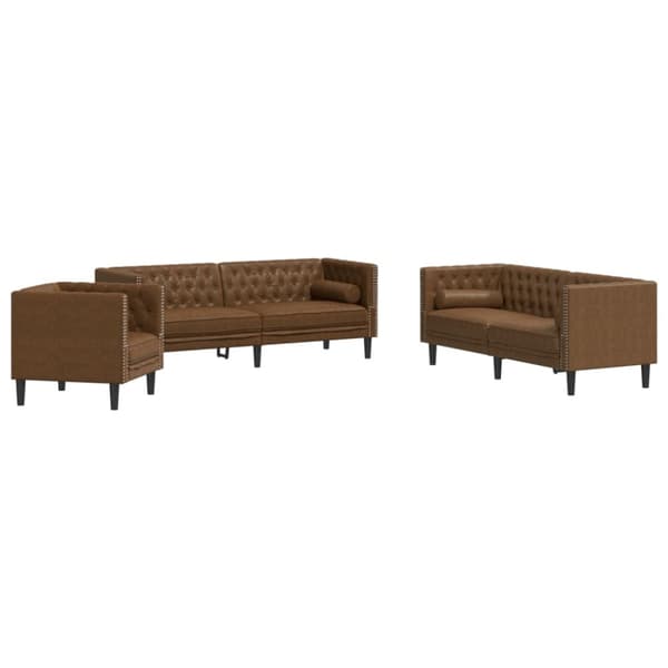 Soffgrupp chesterfield 3 delar bolsterkuddar brun konstmocka