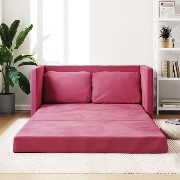 Golvbäddsoffa 2-i-1 vinröd 122x204x55 cm sammet