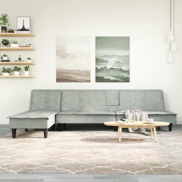 L-formad bäddsoffa ljusgrå 255x140x70 cm sammet