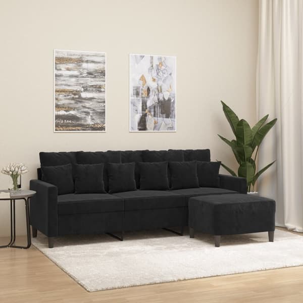 3-sitssoffa med fotpall svart 180 cm sammet