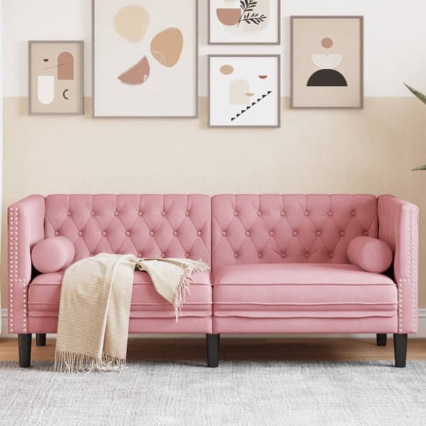 Chesterfieldsoffa med bolsterkuddar 2-sits rosa sammet