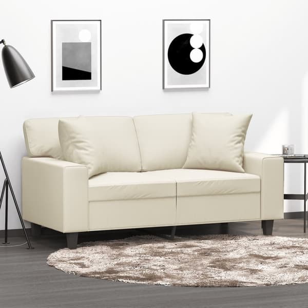 2-sits soffa med prydnadskuddar gräddvit 120 cm konstläder