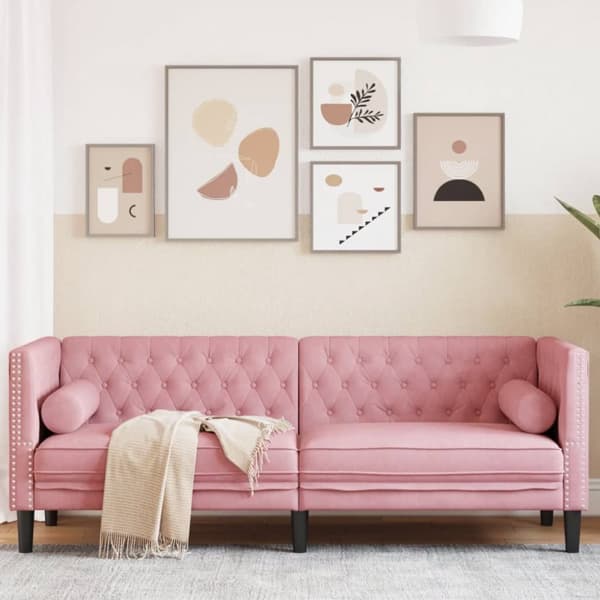 Chesterfieldsoffa med bolsterkuddar 3-sits rosa sammet