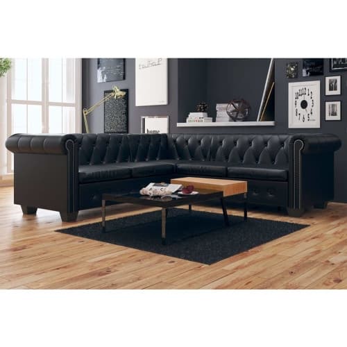 Chesterfield hörnsoffa 5-sits svart konstläder