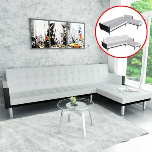 L-formad bäddsoffa konstläder vit och svart
