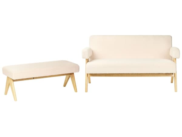 Sofasett Off-White og Lysebrun 2 Seters Sofa Benk Boucle Polstring Retro Design Treben Stue