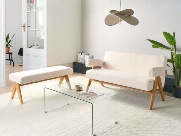 Sofasett Off-White og Lysebrun 2 Seters Sofa Benk Boucle Polstring Retro Design Treben Stue