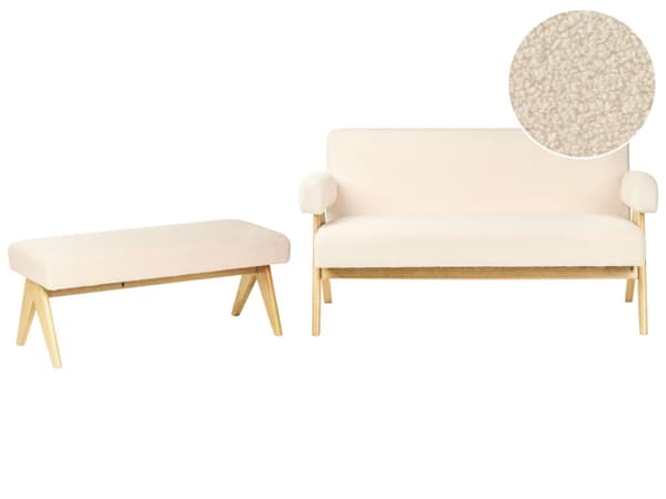 Sofasett Off-White og Lysebrun 2 Seters Sofa Benk Boucle Polstring Retro Design Treben Stue