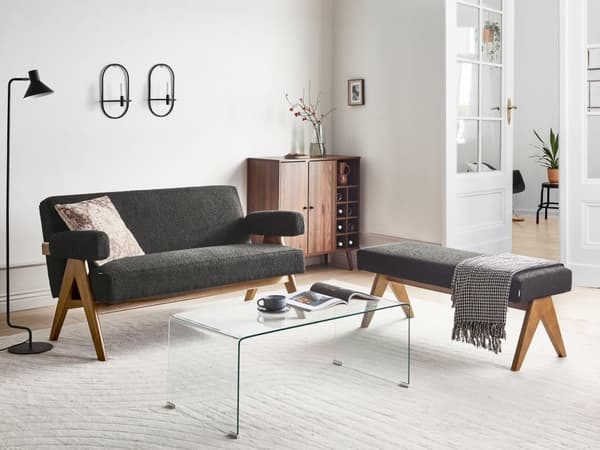 Sofasett Svart og Mørkebrun 2-seters Sofa Benk Benk Boucle Polstring Retro Design Treben Stue