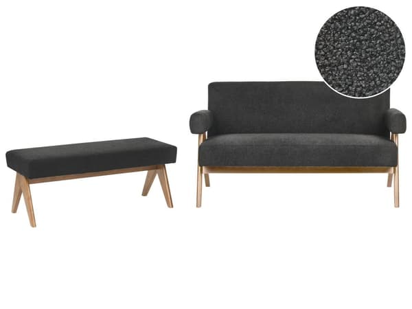 Sofasett Svart og Mørkebrun 2-seters Sofa Benk Benk Boucle Polstring Retro Design Treben Stue