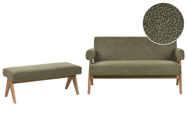 Sofasett Grønn og Mørkebrun 2 seters Sofa Benk Benk Boucle Polstring Retro Design Treben Stue