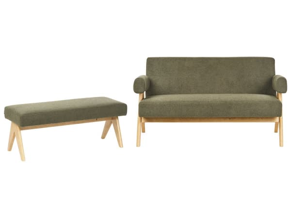 Sofasett Grønn og Lysebrun 2 seters Sofa Benk Benk Boucle Polstring Retro Design Treben Stue