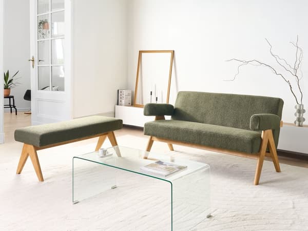 Sofasett Grønn og Lysebrun 2 seters Sofa Benk Benk Boucle Polstring Retro Design Treben Stue