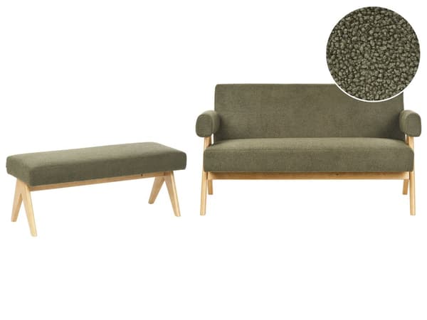 Sofasett Grønn og Lysebrun 2 seters Sofa Benk Benk Boucle Polstring Retro Design Treben Stue
