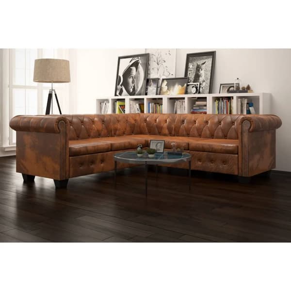 Chesterfield 5-sitssoffa konstläder brun