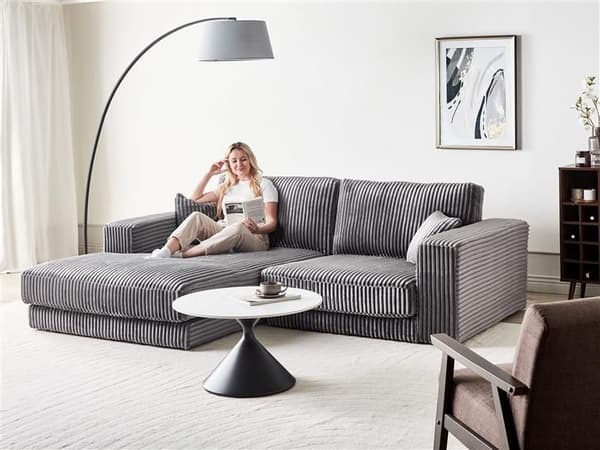 Høyre 3-seters Hjørnesofa i Grå Kordfløyel Polstret Skinnarmlener Ekstra Puter Minimalistisk Moderne Stil