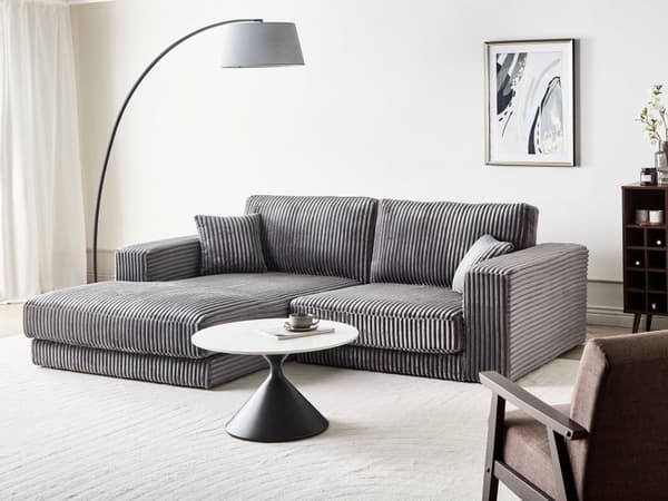 Høyre 3-seters Hjørnesofa i Grå Kordfløyel Polstret Skinnarmlener Ekstra Puter Minimalistisk Moderne Stil