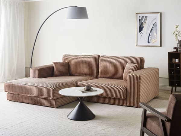 Høyre 3-seters Hjørnesofa i Lysebrun Kordfløyel Polstret Skinnarmlener Ekstra Puter Minimalistisk Moderne Stil