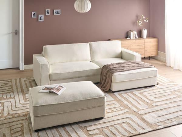 Venstre Hjørnesofa med Ottoman Off-White Boucle Polstring 3 Seter L-formet med Puter Stue i Moderne Stil