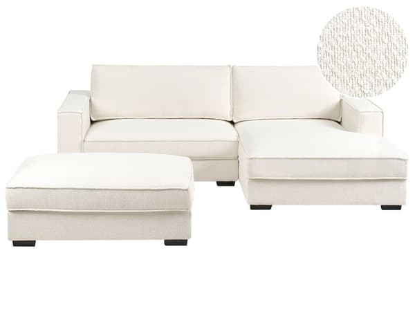 Venstre Hjørnesofa med Ottoman Off-White Boucle Polstring 3 Seter L-formet med Puter Stue i Moderne Stil