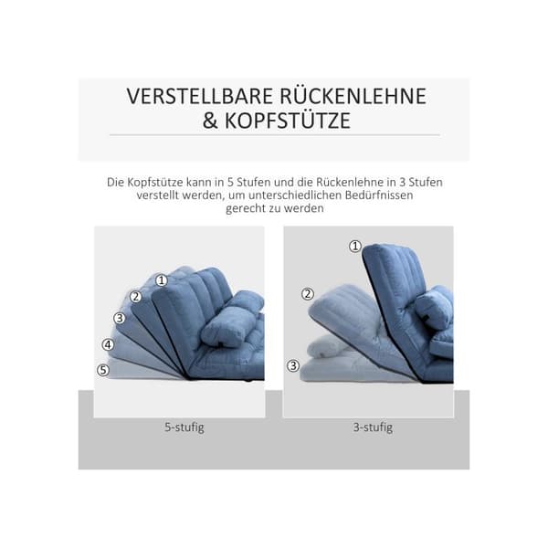 HOMCOM Fällbar solsäng 2 i 1, 102L x 73L x 60H cm, med justerbart ryggstöd i 3 lägen, sitskudde, sammet, stål, blå