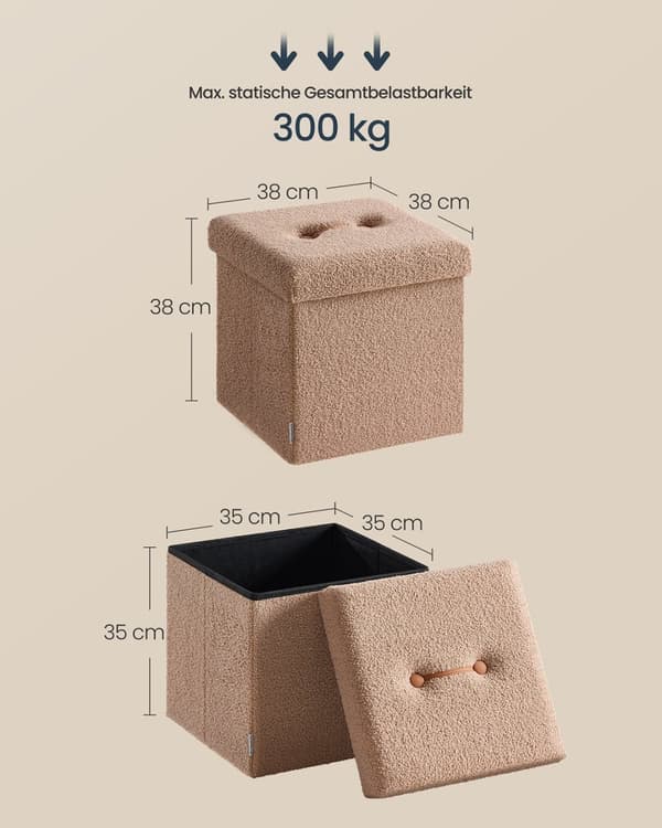 Rootz Brown Storage Stool - Seat Chest - Folding Ottoman - 43L Capacity - 38cm x 38 cm x 38 cm