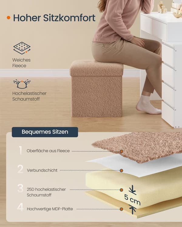 Rootz Brown Storage Stool - Seat Chest - Folding Ottoman - 43L Capacity - 38cm x 38 cm x 38 cm