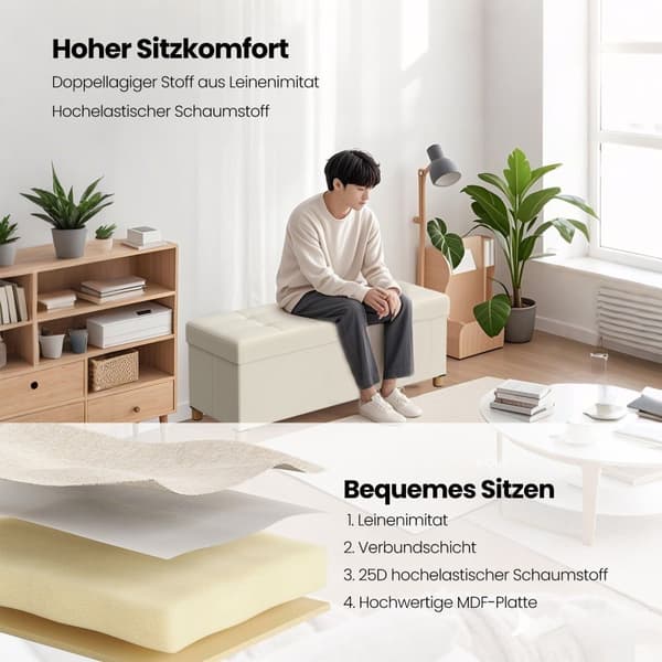 Rootz Foldble Storage Bench - Seast -jakkara - Ottomaanien varastointi - 112L kapasiteetti - 38 x 110 x 40 cm - verhoiltu MDF ja liinavaatteet