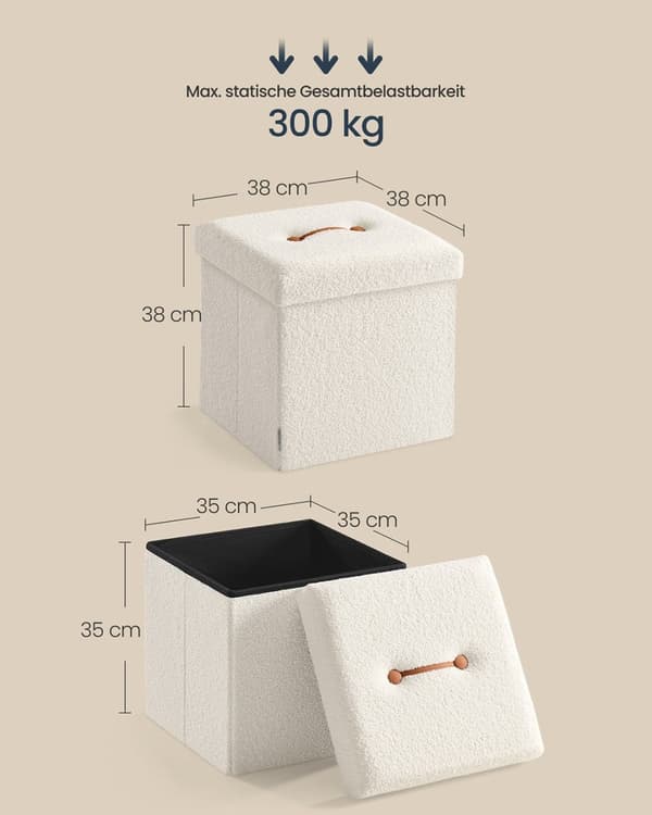 Rootz Storage Stool - istuinrinta - ottomaani - 43L kapasiteetti - Valkoinen MDF & Fleece - 38x38x38cm