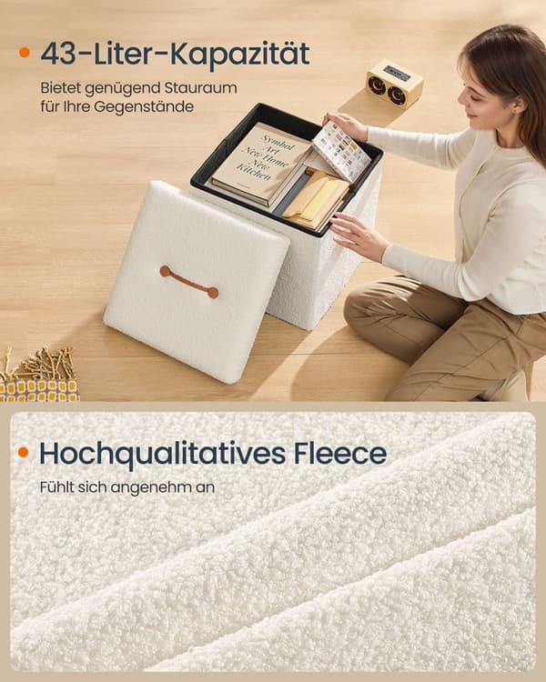 Rootz Storage Stool - istuinrinta - ottomaani - 43L kapasiteetti - Valkoinen MDF & Fleece - 38x38x38cm
