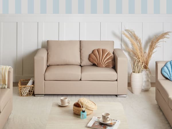 Sofa Beige Spaltskinn Imitert skinn 2-seter Ben i krom Retro design Stue